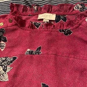 LOFT Pink Patterned Ruffle Blouse